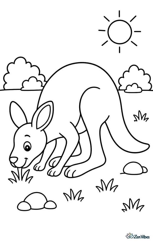 A red kangaroo bends to nibble short grass on an open outback plain, with a few round bushes, scattered rocks, and a wide horizon line under a simple sunny sky.