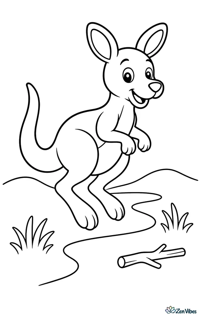 An eastern gray kangaroo hops along a gentle meadow path, with two tufts of grass, a small fallen branch, and distant low hills beneath a clear sky.
