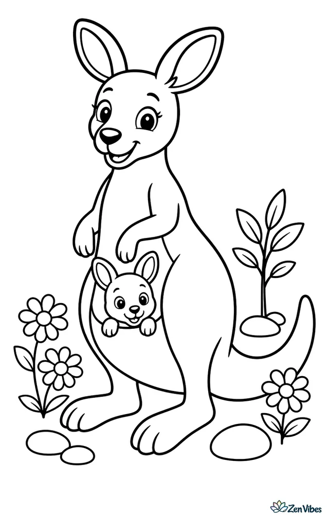 A female western gray kangaroo stands calmly while a joey peeks from her pouch, surrounded by a few daisies, smooth stones, and one small eucalyptus sapling.