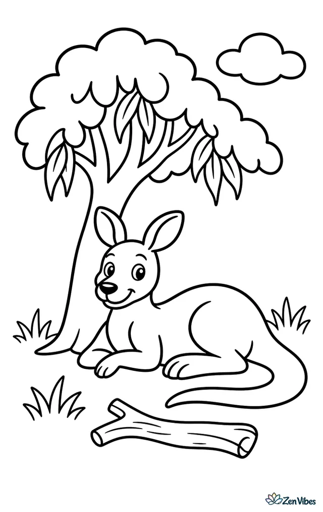 An antilopine kangaroo rests beneath a single shady gum tree, with simple grass clumps, a curved log, and a drifting cloud above the quiet ground.