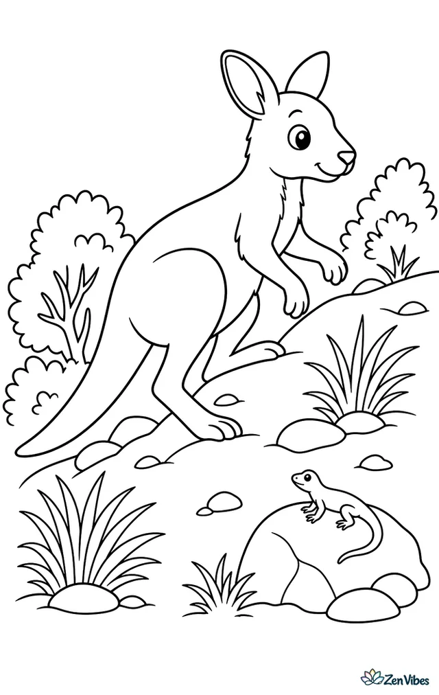 A common wallaroo carefully climbs a low rocky slope, with spiky grass, a small lizard on a stone, and scrubby bushes scattered across the warm hillside.