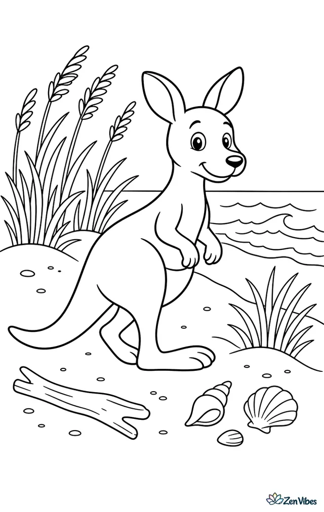 An eastern gray kangaroo walks beside coastal dunes, with sea oats, a few shells, driftwood, and rolling ocean waves visible beyond the sandy path.