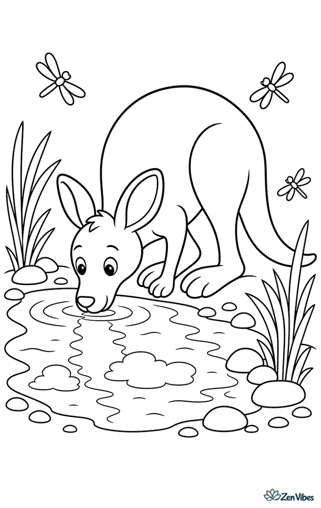 A red kangaroo lowers its head to drink at a quiet waterhole, with reeds, pebbles, dragonflies, and reflected clouds rippling across the shallow edge.