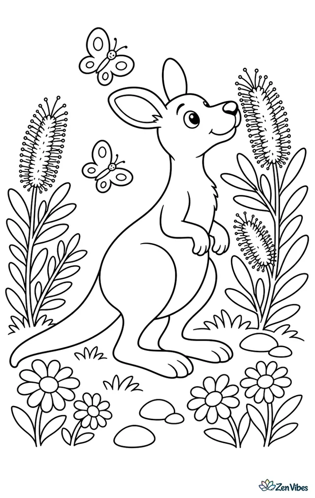 A western gray kangaroo stands among blooming bottlebrush and daisies, sniffing the air while butterflies flutter nearby and rounded stones dot the sunny meadow.