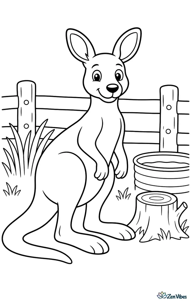 An eastern gray kangaroo pauses beside a wooden fence line, with tall grass, a tin water trough, a gum stump, and distant paddocks stretching behind.