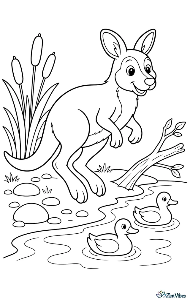 A red-necked wallaby hops along a creek bank, passing cattails, smooth river stones, a leaning branch, and a pair of ducks floating nearby.