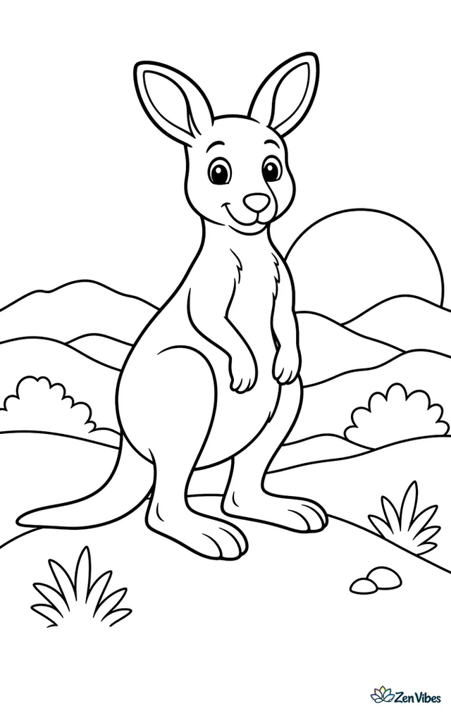 A common wallaroo stands on a ridge at sunset, with layered hills, sparse shrubs, and a large setting sun creating a bold, simple background.