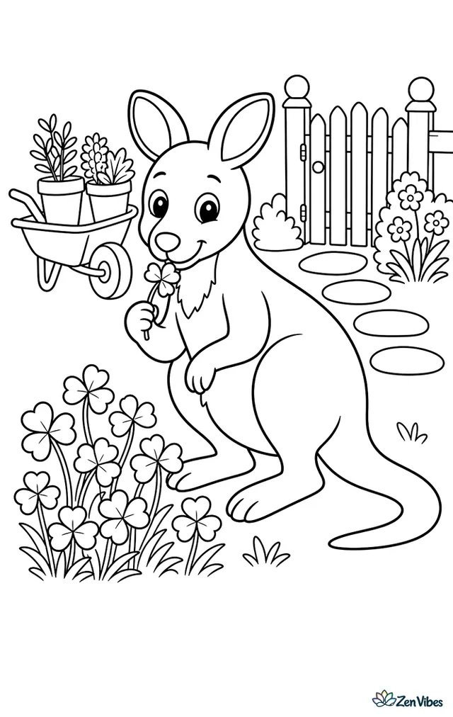 A swamp wallaby nibbles clover near a cottage garden edge, with a wheelbarrow, potted herbs, stepping stones, and a picket gate in the background.