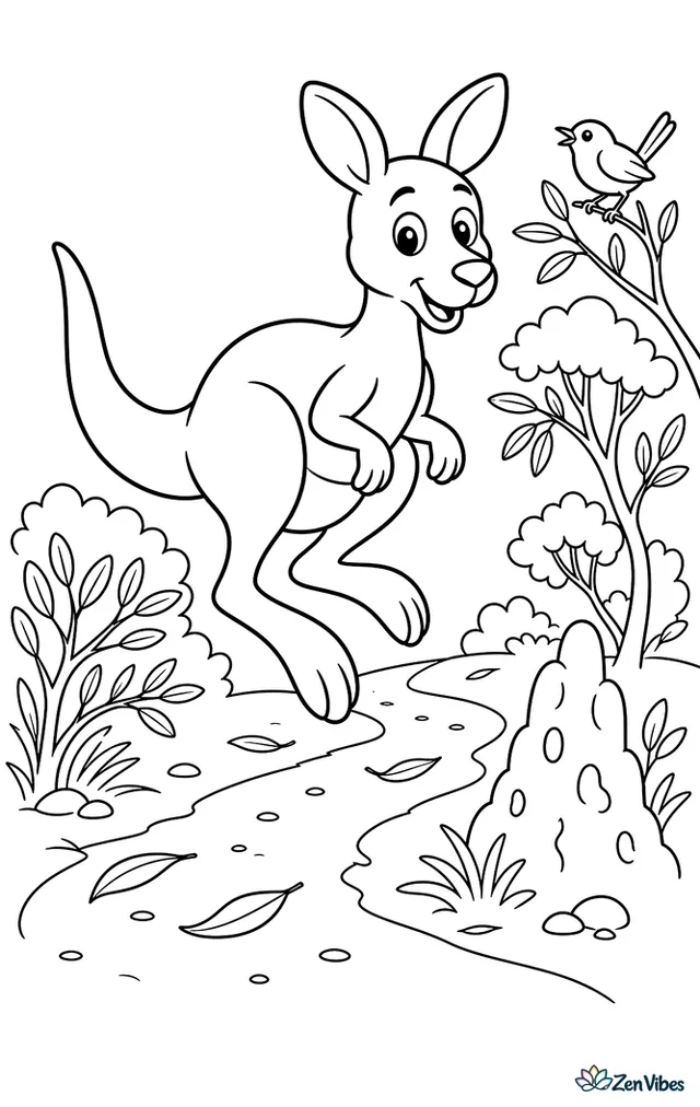 A western gray kangaroo bounces along a dusty bush track, with acacia shrubs, fallen leaves, a termite mound, and a tiny wren perched on a twig.
