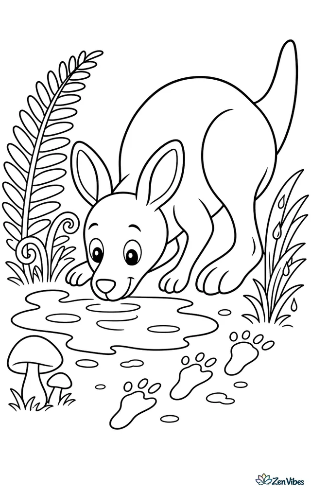 An eastern gray kangaroo leans toward a rain puddle after a shower, with fern fronds, muddy footprints, mushrooms, and raindrops clinging to nearby grass.