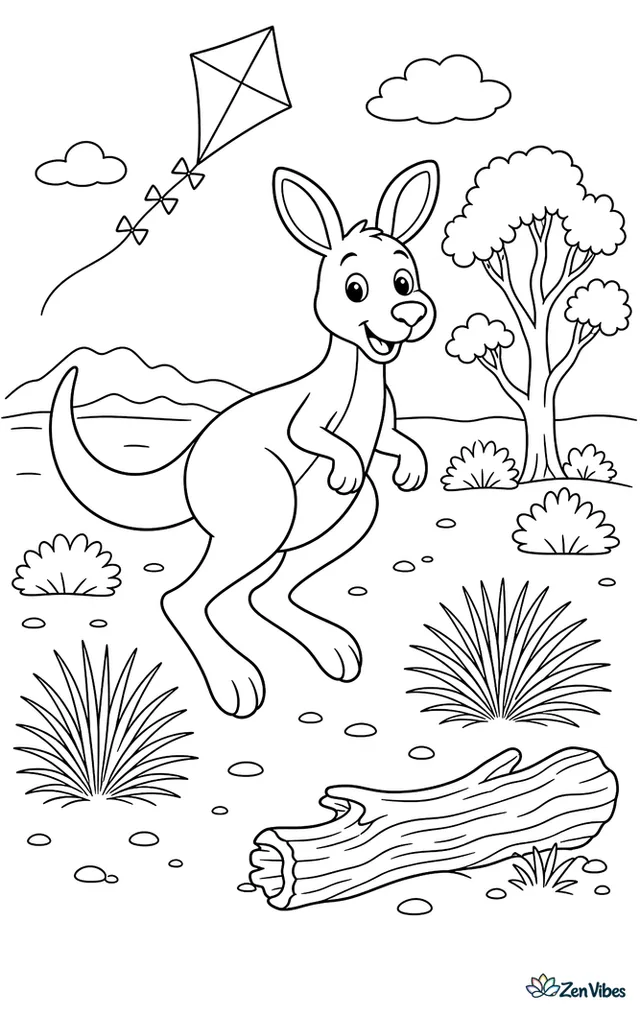 A red kangaroo hops between desert scrub patches, passing spinifex clumps, scattered pebbles, a weathered log, and a circling kite high overhead.
