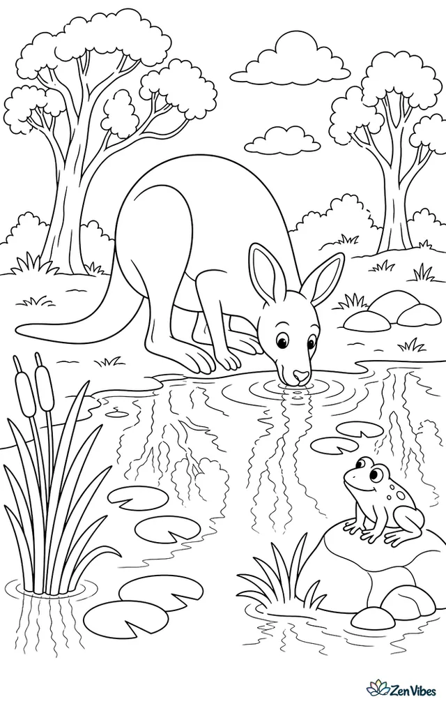 A western gray kangaroo drinks beside a billabong, with lily pads, reeds, a frog on a rock, and mirrored trees rippling in the calm water.