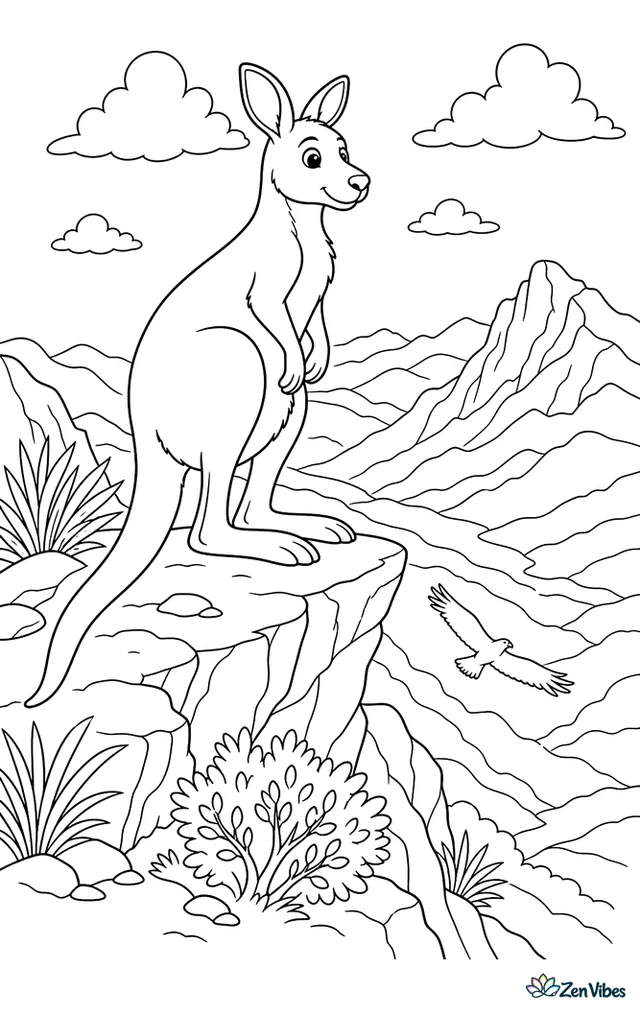 A common wallaroo stands alert on a mountain ledge, gazing over layered valleys with craggy rocks, hardy shrubs, drifting clouds, and an eagle gliding far below.