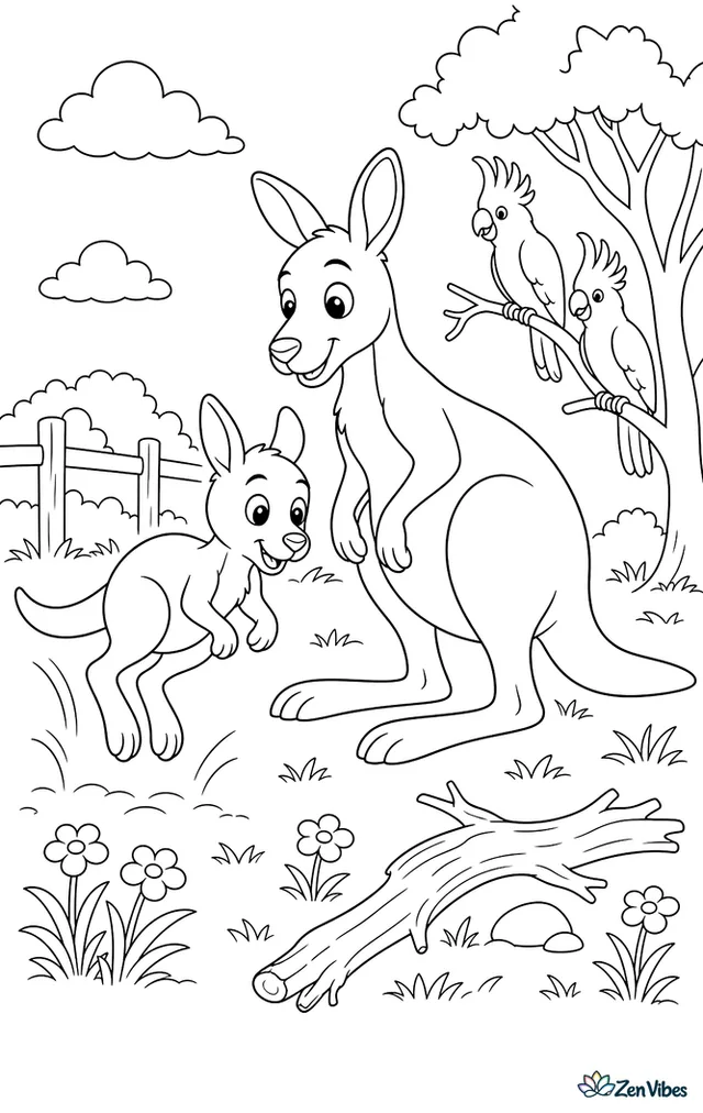 A young eastern gray kangaroo practices hopping beside its mother, with soft grass, tiny flowers, a fallen branch, and curious cockatoos watching from nearby.