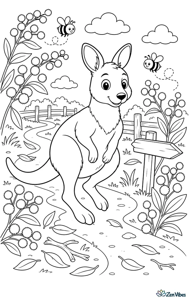 A red-necked wallaby moves down a winding path lined with golden wattle blossoms, with buzzing bees, leaf litter, and a rustic signpost beside the trail.