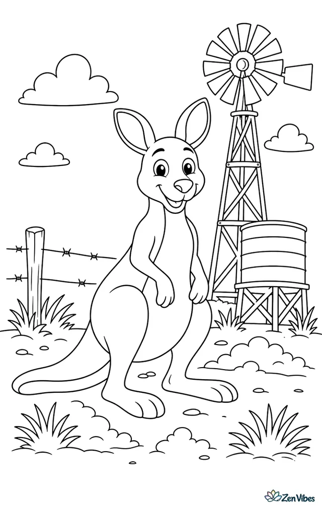 A red kangaroo pauses near an old outback windmill, with a water tank, tufts of dry grass, scattered fencing wire, and dusty clouds along the ground.