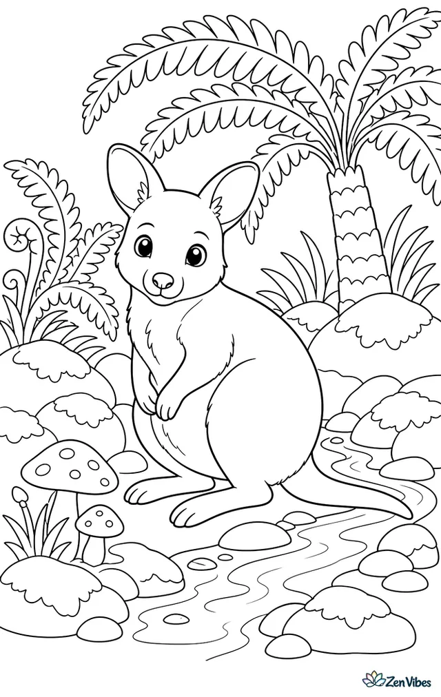 A pademelon sits quietly in a cool fern gully, surrounded by mossy stones, arching tree ferns, mushrooms, and a narrow stream threading through the shade.