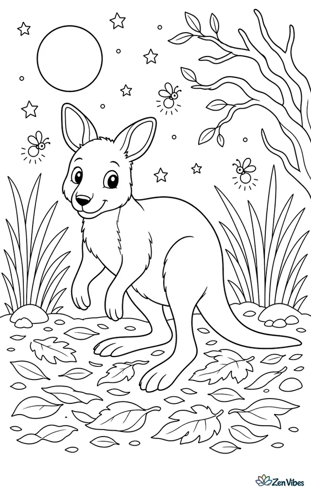 A swamp wallaby steps into a moonlit clearing, with starry sky, tall grasses, twisted branches, and fireflies glowing above a carpet of fallen leaves.