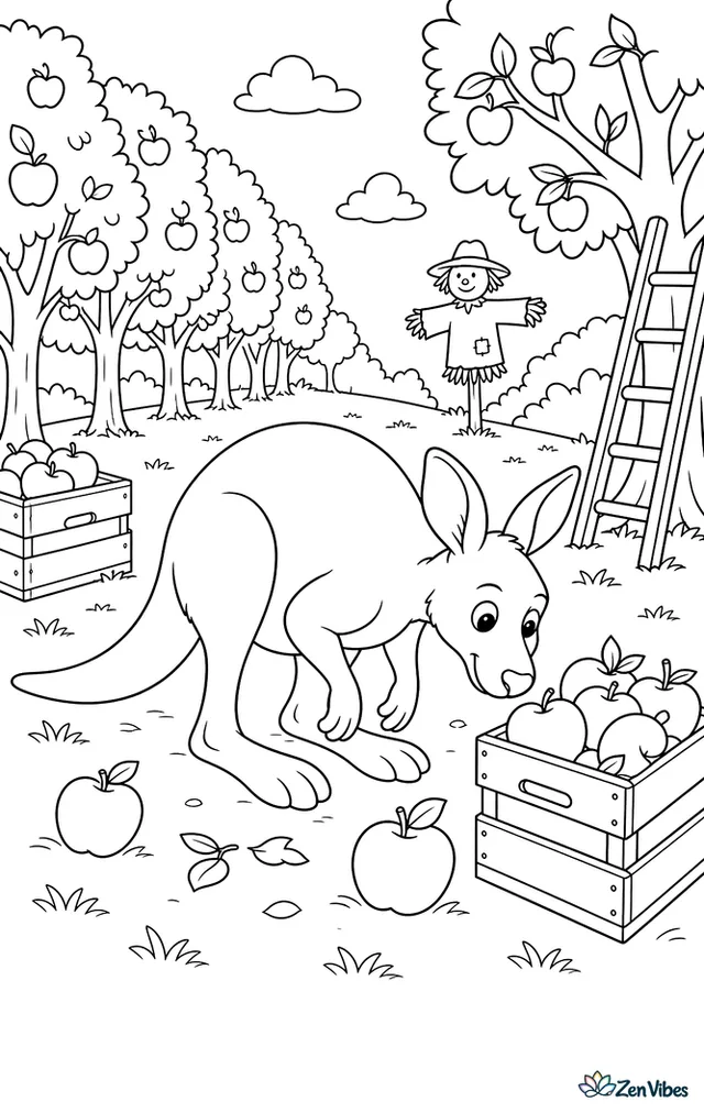 An eastern gray kangaroo explores an orchard edge, sniffing fallen apples among wooden crates, neat tree rows, a ladder, and a scarecrow in the distance.