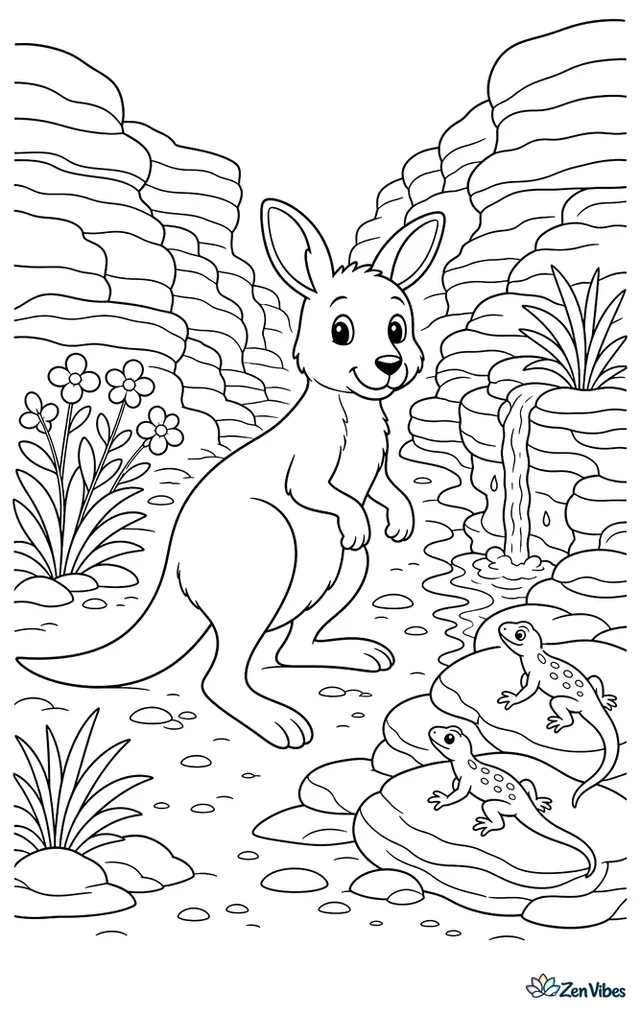 A common wallaroo follows a narrow canyon trail, with layered rock walls, desert blooms, a trickling seep, and small lizards sunning on warm stones.