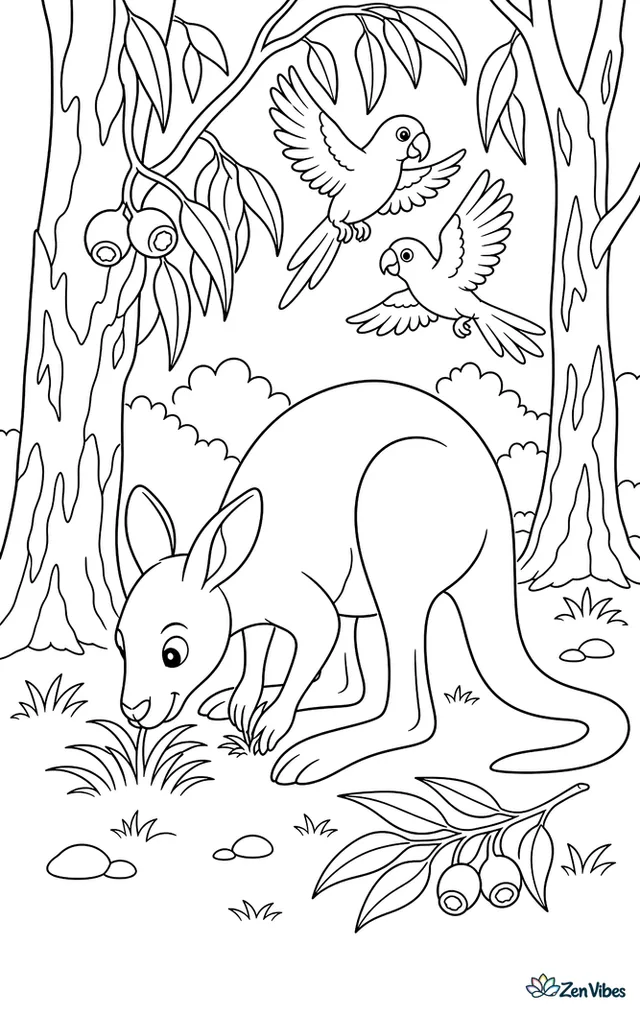 A western gray kangaroo grazes in a eucalyptus grove, with peeling bark trunks, leaf shadows, seed pods, and a pair of parrots fluttering between branches.