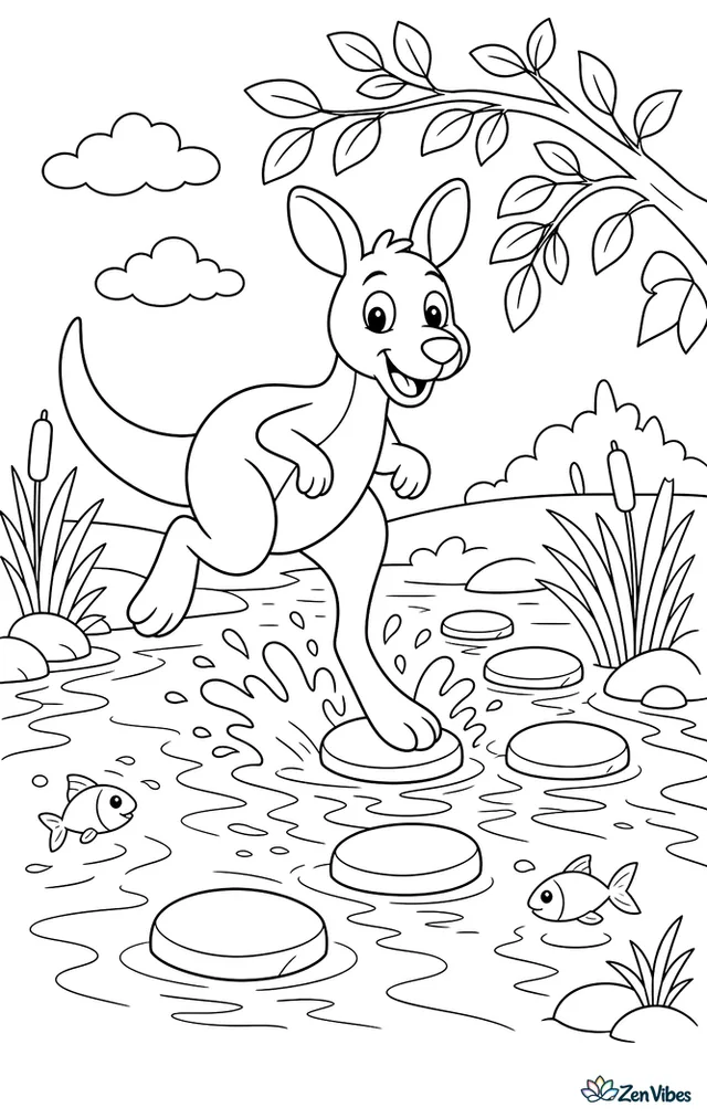 A red kangaroo splashes through a shallow creek crossing, with rounded stepping stones, reeds, darting fish, and overhanging branches reflected in moving water.