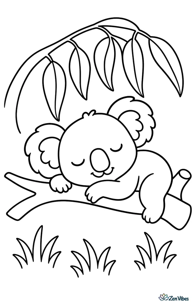 A koala joey naps on a low eucalyptus branch while round leaves dangle overhead and a few simple grass clumps grow below in a quiet clearing.