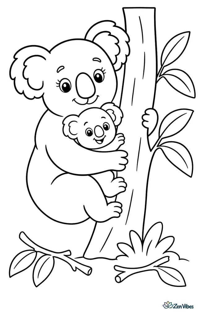 A mother koala hugs her joey against a smooth tree trunk, with broad eucalyptus leaves, two fallen twigs, and a small patch of ground plants nearby.
