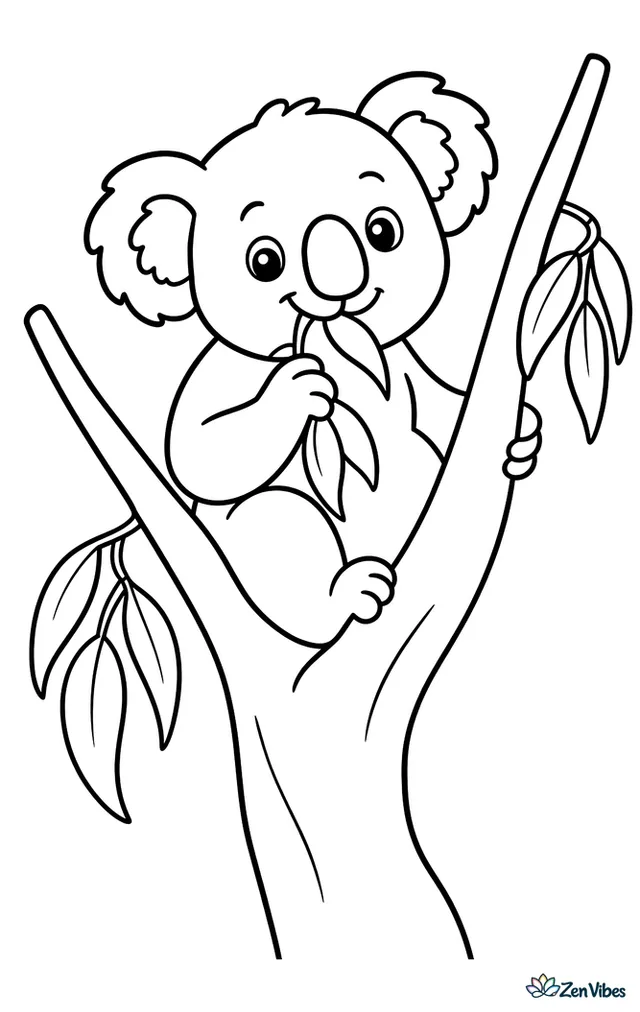 An adult koala sits on a forked eucalyptus branch chewing leaves, with a few hanging leaf clusters, a curved trunk, and open sky space around the tree.