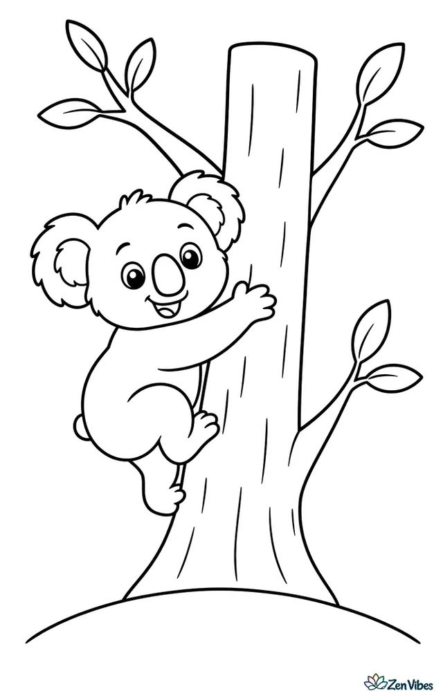 A young koala carefully climbs up a sturdy eucalyptus trunk, with three simple branches, scattered leaves, and a gentle hill line beneath the tree.
