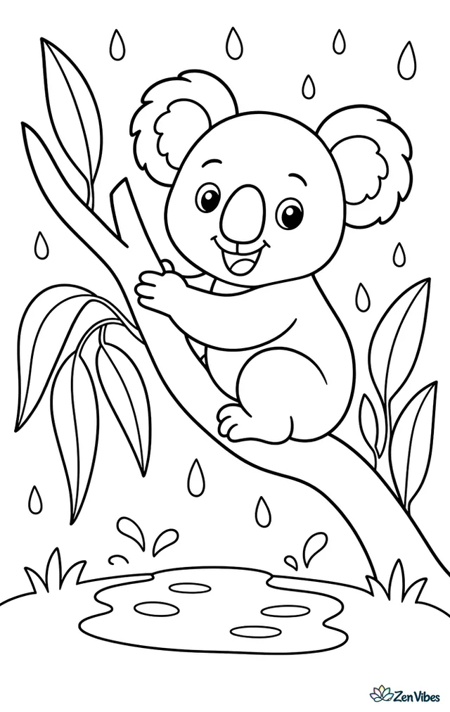 A koala perches on a eucalyptus branch during a light rain shower, with big leaves, a few raindrops, and a puddle forming on the ground below.