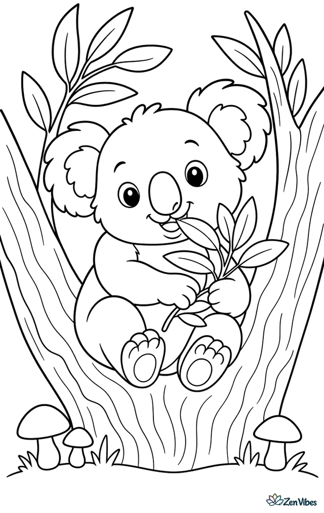 A koala joey nibbles a fresh eucalyptus sprig while sitting in a crook of the tree, surrounded by leaf clusters, bark texture, and a few mushrooms below.