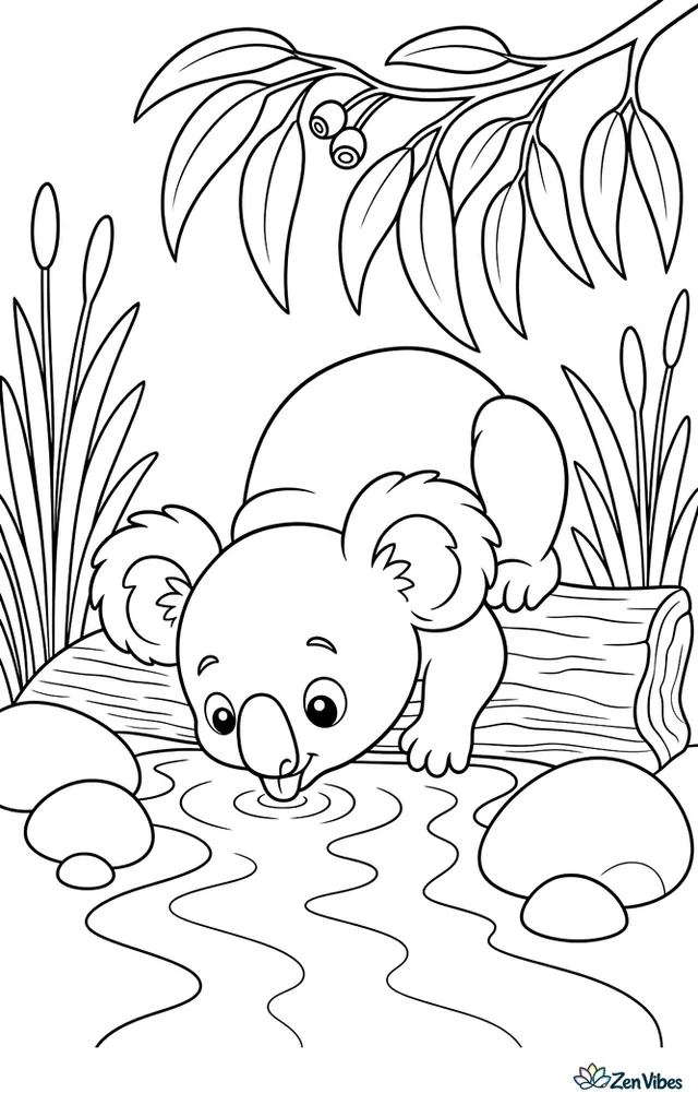 A thirsty koala leans down from a riverbank log to drink from a narrow creek, with smooth stones, reeds, and overhanging eucalyptus branches framing the scene.