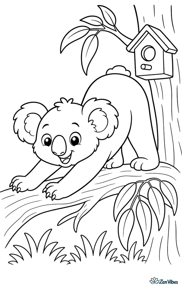 A koala stretches its paws and arches its back on a sturdy branch, with fresh eucalyptus leaves, a birdhouse on a nearby trunk, and grass below.