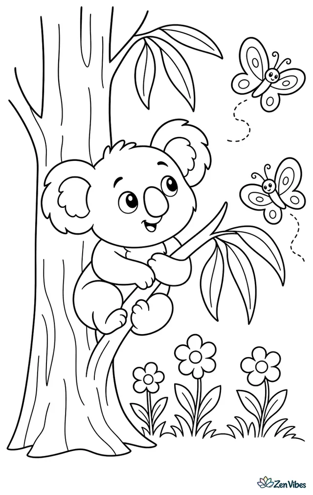 A curious koala watches two butterflies flutter past its branch, with eucalyptus leaves around it, a tall tree trunk, and simple wildflowers at the base.
