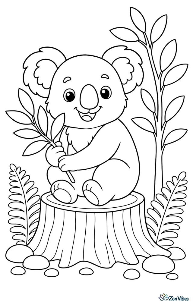 A koala sits on a cut tree stump holding a eucalyptus twig, with fern fronds, pebbles, and a second young tree growing in the background.
