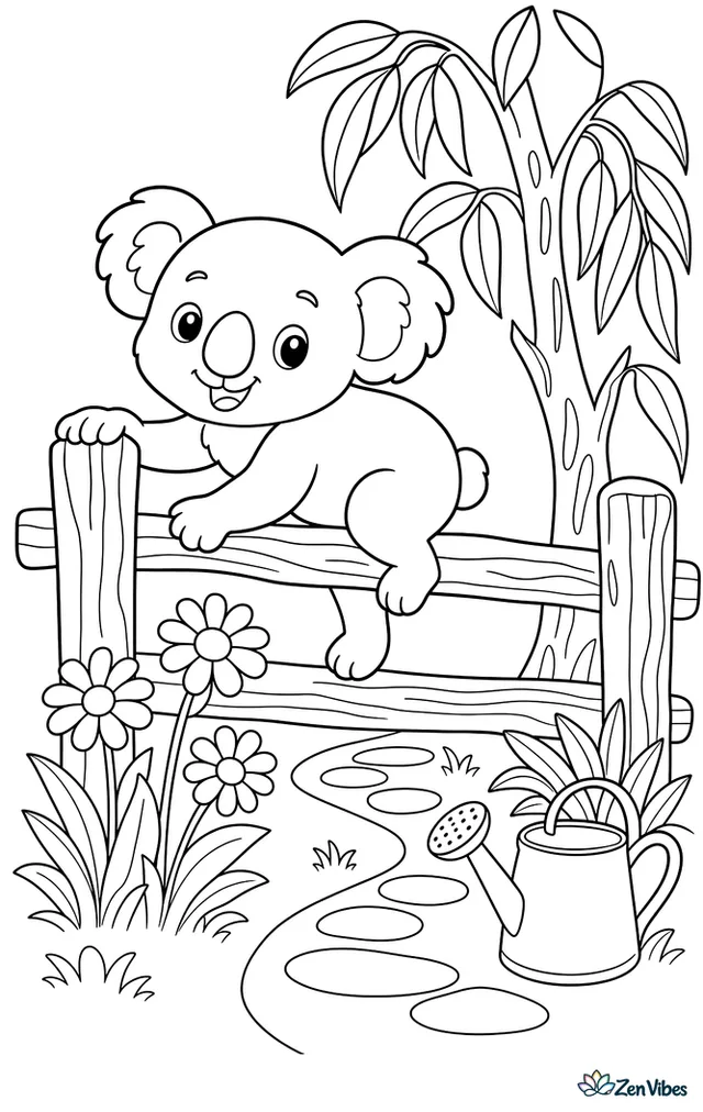 A koala climbs over a rustic wooden fence beside a eucalyptus tree, with daisies, a watering can, and a winding garden path nearby.