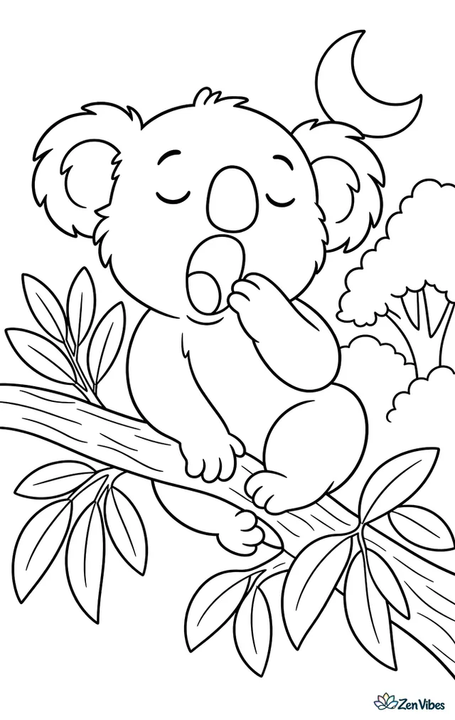 A sleepy koala yawns widely while balancing on a branch, with layered leaf bunches, bark lines, and a crescent moon rising behind distant treetops.