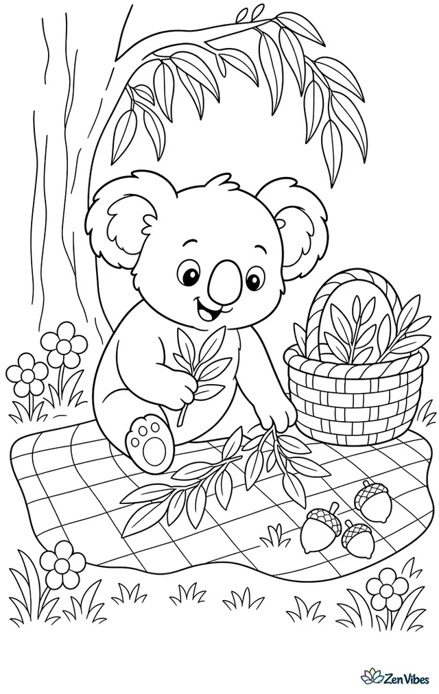 A koala sits on a checkered picnic blanket under a eucalyptus tree, sorting leaf sprigs beside a basket, with grass, flowers, and a few scattered acorns.