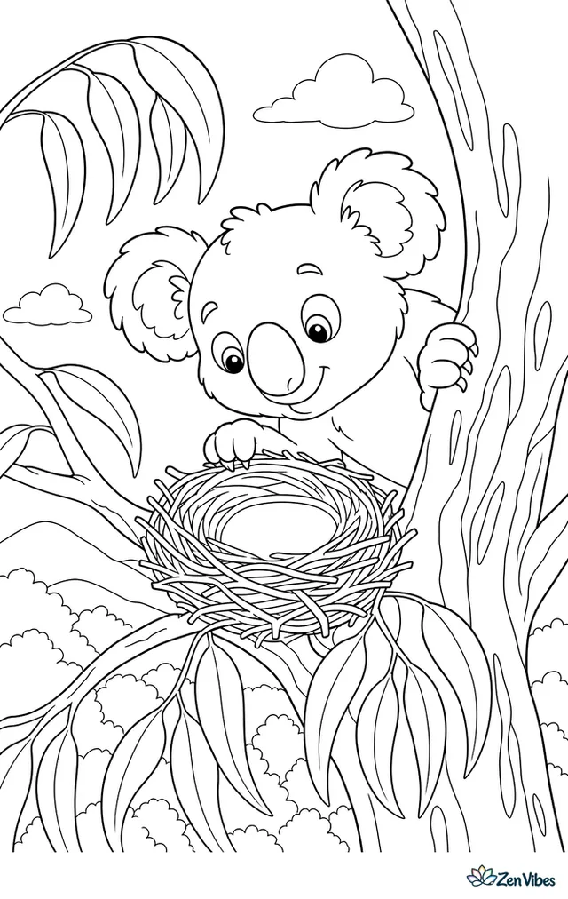 A koala peeks into an abandoned bird nest tucked among eucalyptus branches, with curling leaves, a textured trunk, and distant hills beyond the treetop.