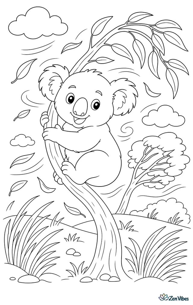 A koala grips a bending eucalyptus branch on a windy day, with swirling leaves, drifting clouds, waving grasses, and another tree leaning in the background.