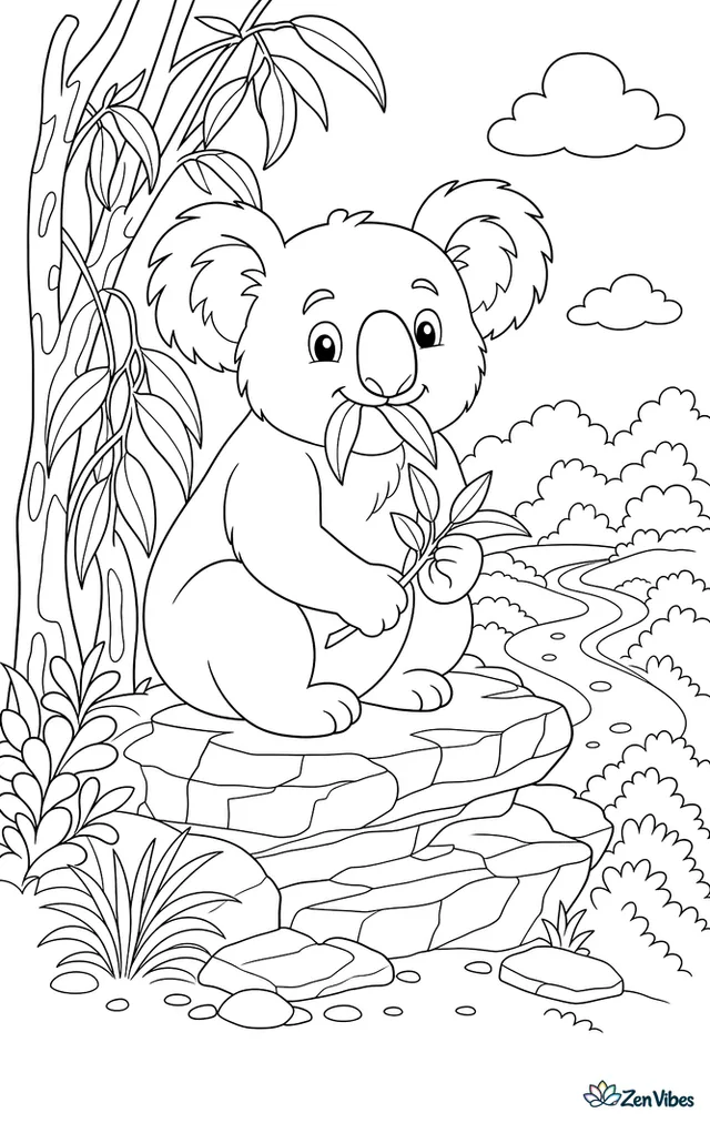 An adult koala sits on a rocky outcrop beside a eucalyptus grove, chewing leaves while small shrubs, layered stones, and a winding trail fill the scene.