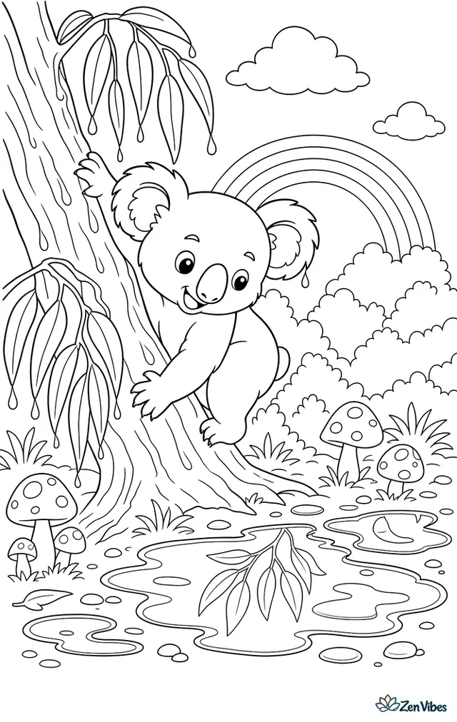 A koala climbs down a rain-darkened trunk after a shower, with puddles reflecting branches, drooping eucalyptus leaves, mushrooms, and a rainbow over distant trees.
