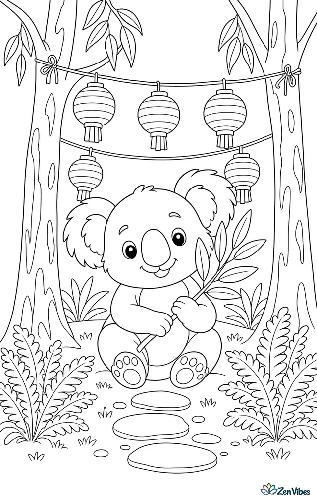 A koala sits beneath hanging paper lanterns tied between eucalyptus trunks, holding a leafy branch while ferns, stepping stones, and string lines decorate the woodland.