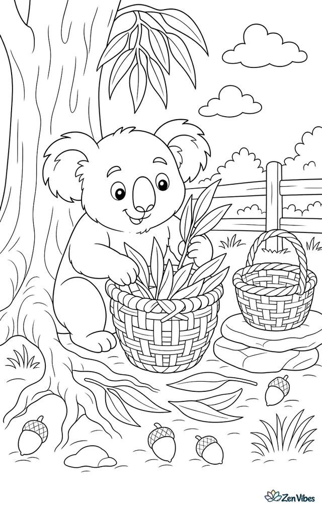 A koala arranges eucalyptus leaves into a woven basket near a tree base, with roots, acorns, grasses, and a second basket resting on flat stones.