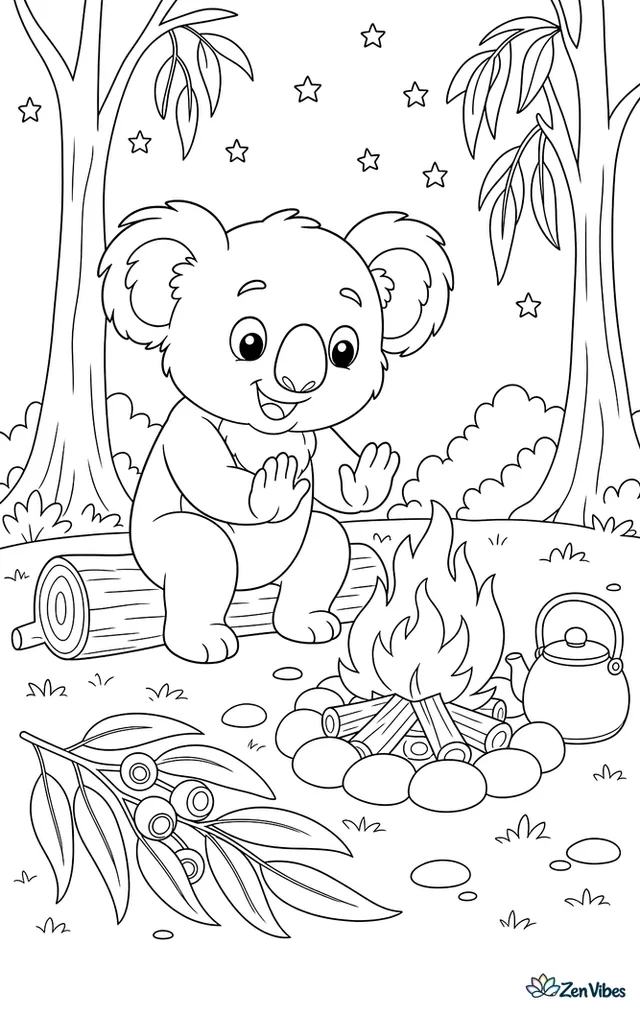 A koala warms its paws near a small campfire ring in a forest clearing, with a log seat, kettle, eucalyptus branches, and stars beginning overhead.