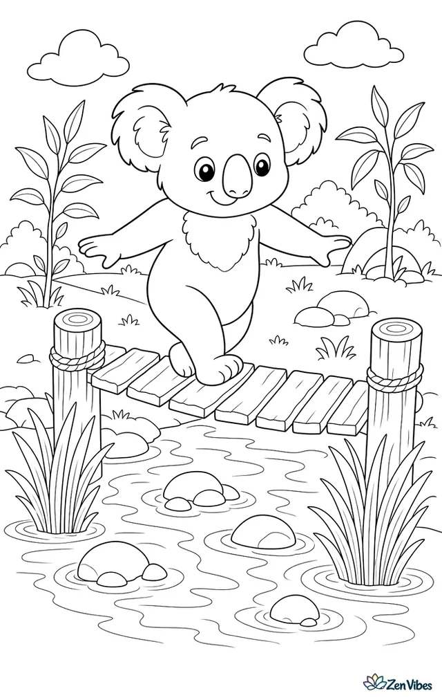 A koala carefully crosses a narrow wooden footbridge over a shallow stream, with reeds, stones, eucalyptus saplings, and ripples spreading through the water.