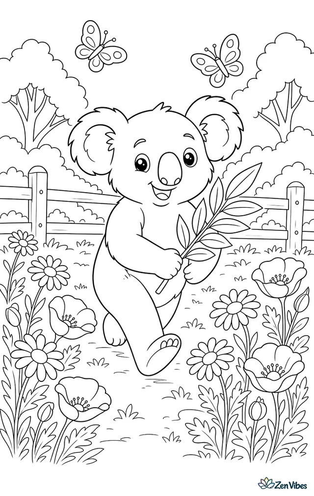 A koala wanders through a meadow of daisies and poppies carrying a eucalyptus sprig, with fence posts, butterflies, and a broad tree line behind.