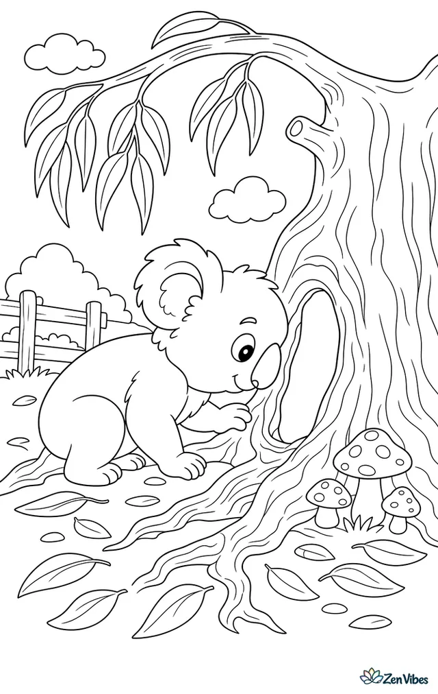 A koala looks into a hollow at the base of an old eucalyptus tree, surrounded by roots, fallen leaves, toadstools, and a curved branch above.