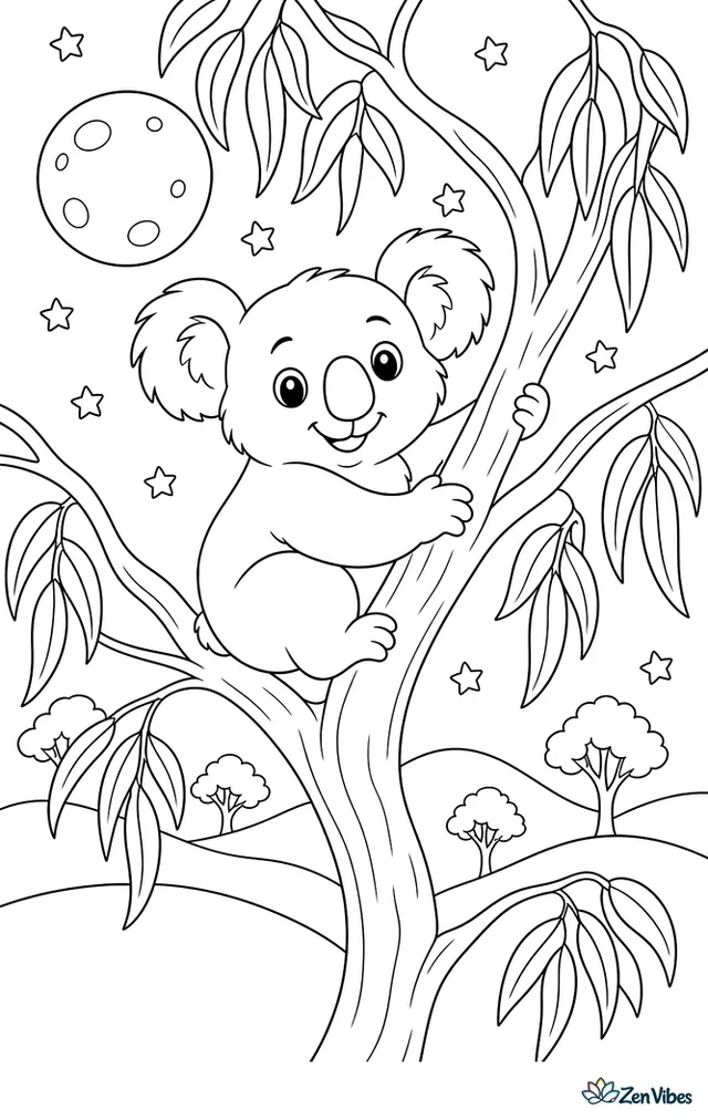 A koala perches high in a eucalyptus tree under a full moon, with layered branches, hanging leaves, stars, and distant hills dotted with more trees.
